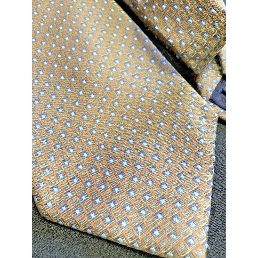 Vtg Y2K Pronto Uomo Handmade Silk Neck Tie Mens Textured Brown Blue Square Tech